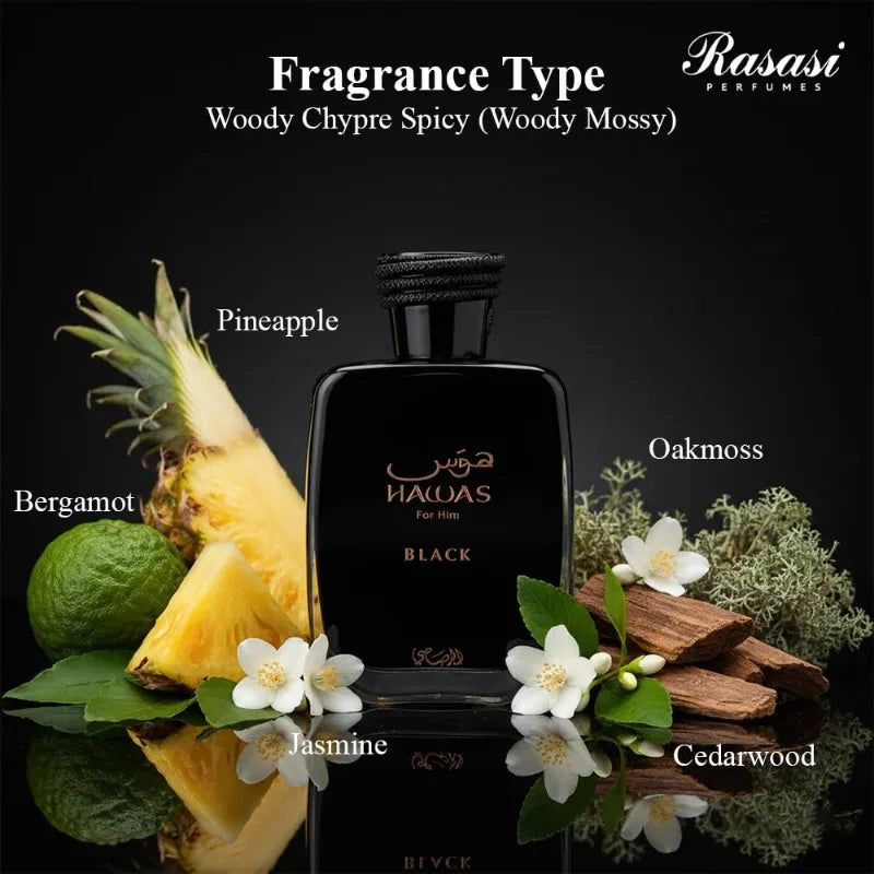 Original Arab Perfume Rasasi Hawas Black Eau de Parfum Spray 3.4 Ounce Long-Lasting Aromatic Fruity Masculine Pheromones Cologne