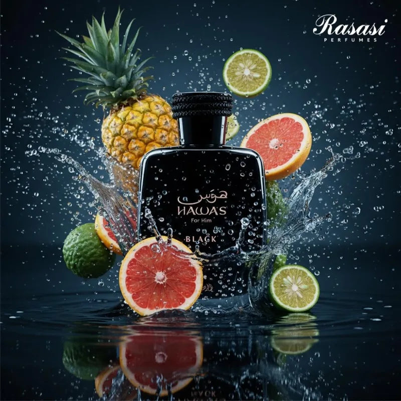 Original Arab Perfume Rasasi Hawas Black Eau de Parfum Spray 3.4 Ounce Long-Lasting Aromatic Fruity Masculine Pheromones Cologne